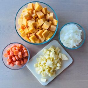 Dice Onions, Carrots, Apple, and Squash