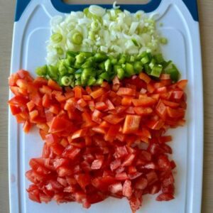 Dice Sweet Onion, Jalapeno, Bell Pepper, and Tomatoes