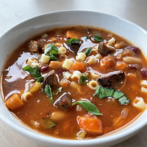 Savory Pasta Fagioli - hearty plant-based soup with fresh vegetables
