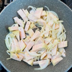 Sauté Sliced Onions and Chopped Jackfruit Until Edges are Slightly Charred and Caramelized