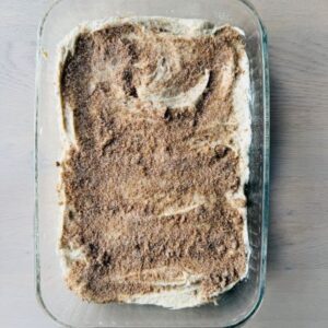 Spray 13x9 Glass Pan with Cooking Spray, Spread the Cake Mixture, and Sprinkle on Cinnamon Topping